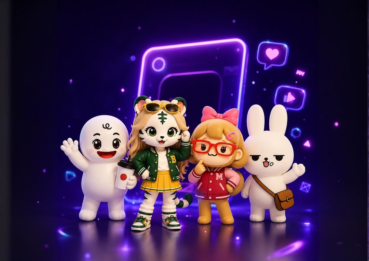 네온 라이트 아래 함께 모인 캐릭터 4총사