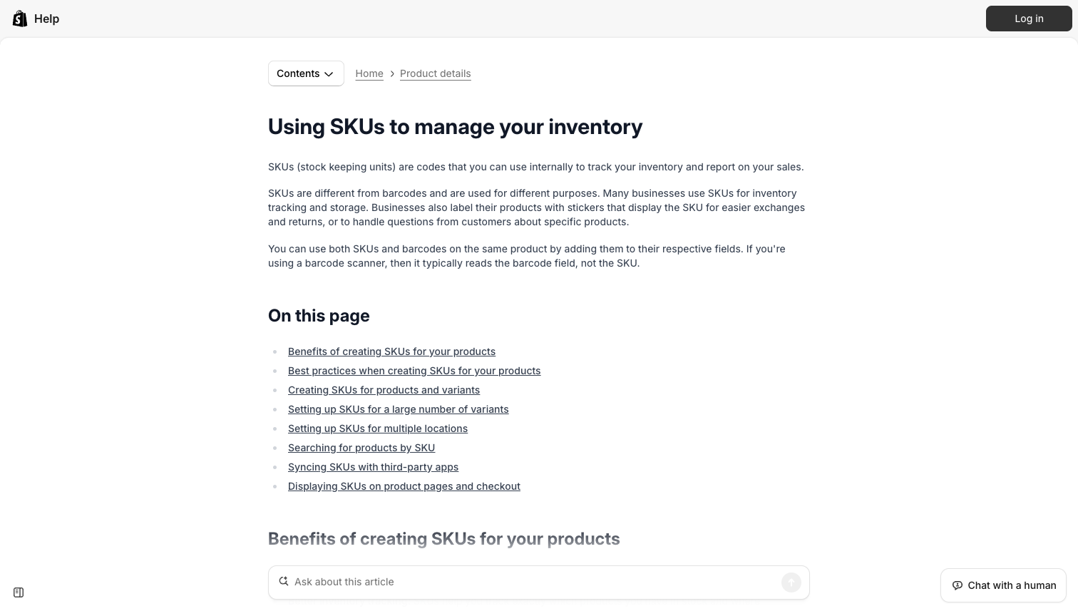 Shopify Help Center — Using SKUs to manage your inventory