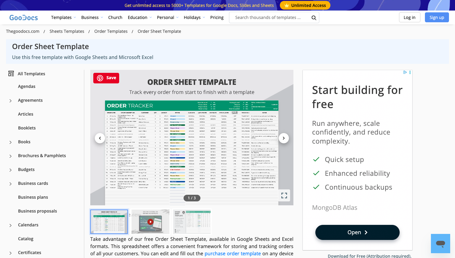 GooDocs free order sheet template