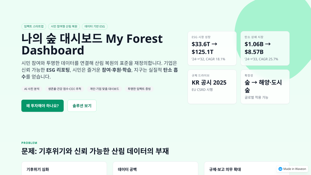 **내 숲 대시보드** 

**문제 정의**  
기후위기의 심화와 산불의 증가로 인한 **산림 훼손**, 그리고 장기 모니터링의 부재가 심각한 상황입니다. ESR 규제가 강화되고, 기업의 데이터 기반 보고 의무가 확장됨에 따라 대응이 필요합니다.

**솔루션**  
우리 플랫폼은 **시민 참여**와 **후원 기반 나무 심