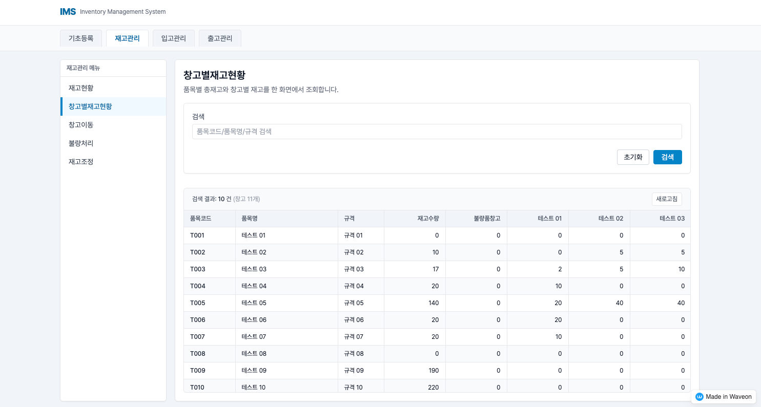 재고 관리 프로그램 - 재고 관리 - 창고별 재고현황