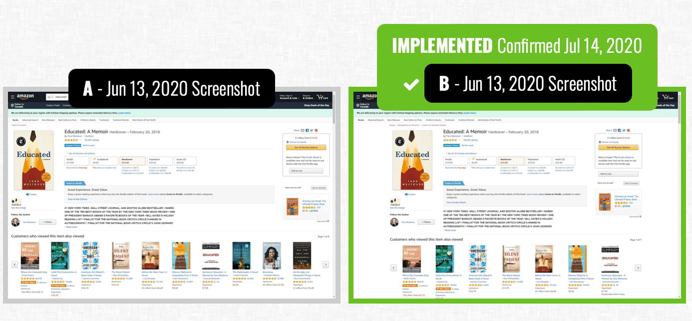 amazon page layout abtest example