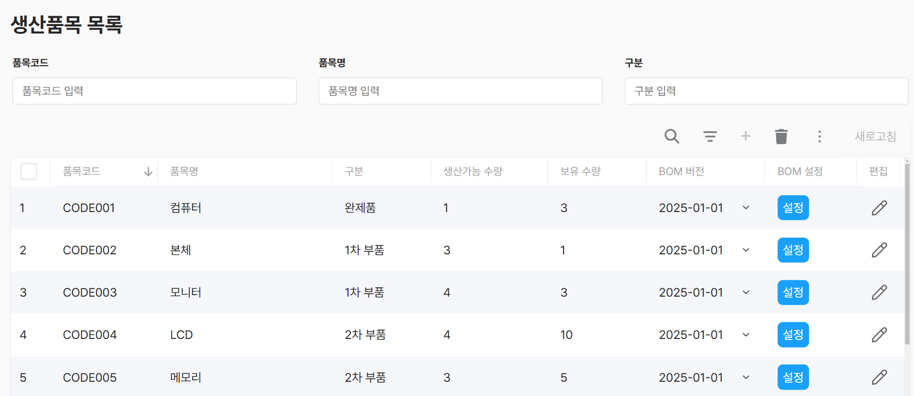 생산 품목 관리